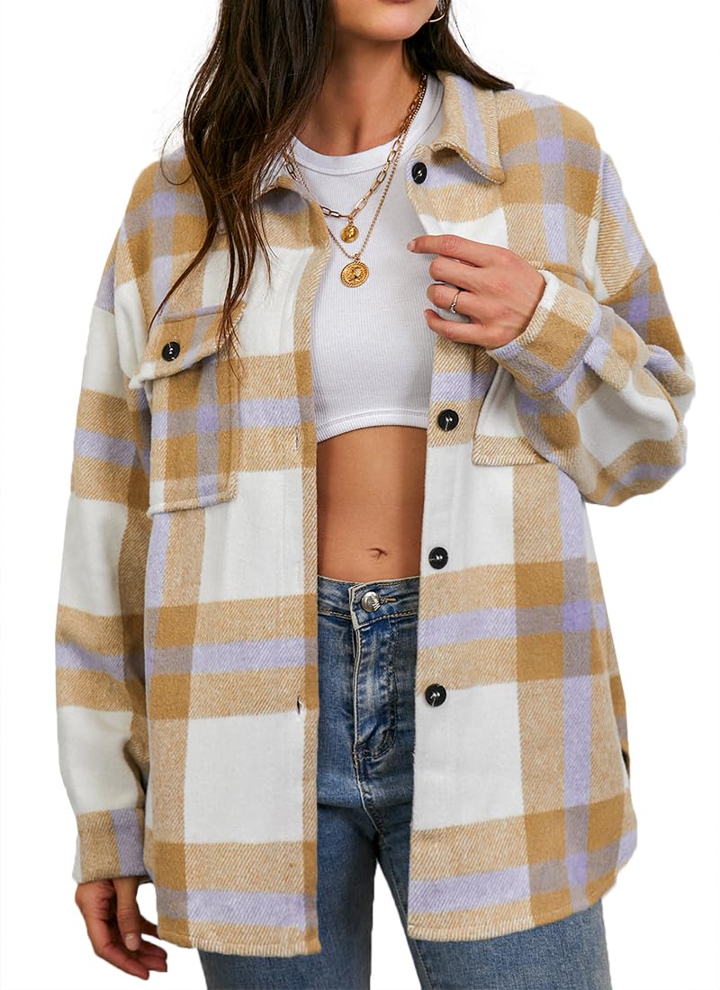 Women's Casual Flannel Plaid Shacket Button Down Long Sleeve Shirt Jacket Coats with Pockets