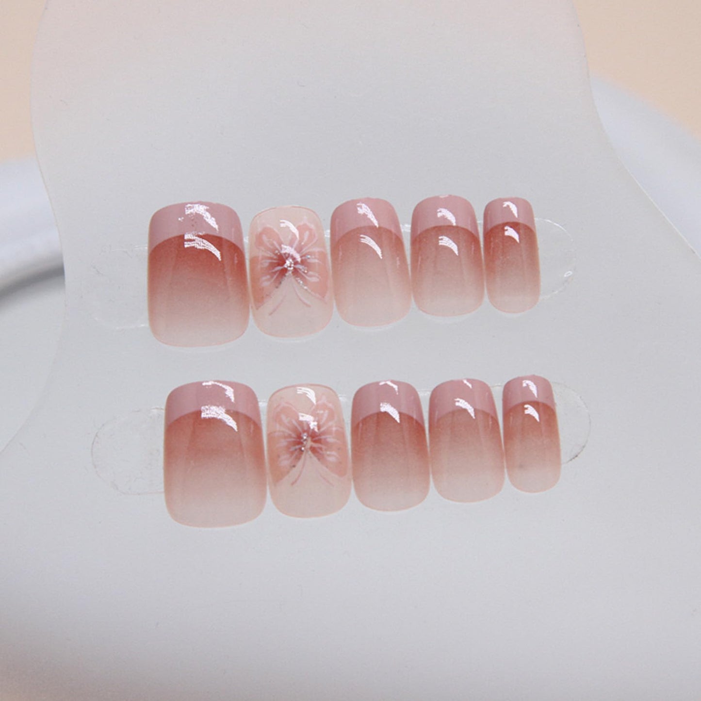 Press On Nails - Pink Butterfly | Pink Series | Beautiful Glossy Pink Nails with Butterfly Design | Short Coffin French Tip Nails, 24 Pcs Reusable Fake Nails