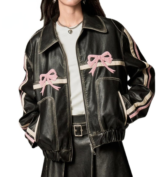 Women Y2k Bow Jacket Leather Bomber Jacket Faux Leather Jacket Vintage Leather Jacket