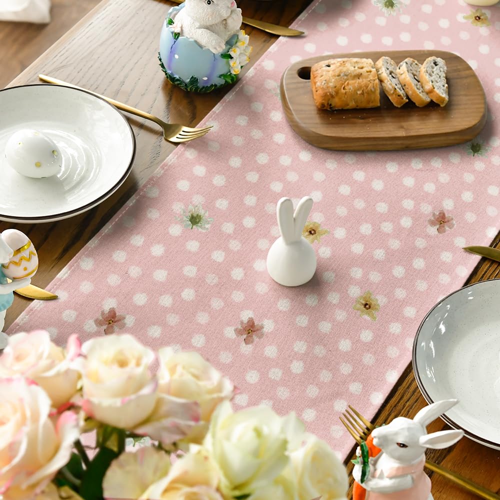 Floral Bunny Rabbit Easter Table Runner, Seasonal Spring Kitchen Dining Table Decoration for Home Party Decor 13x72 Inch