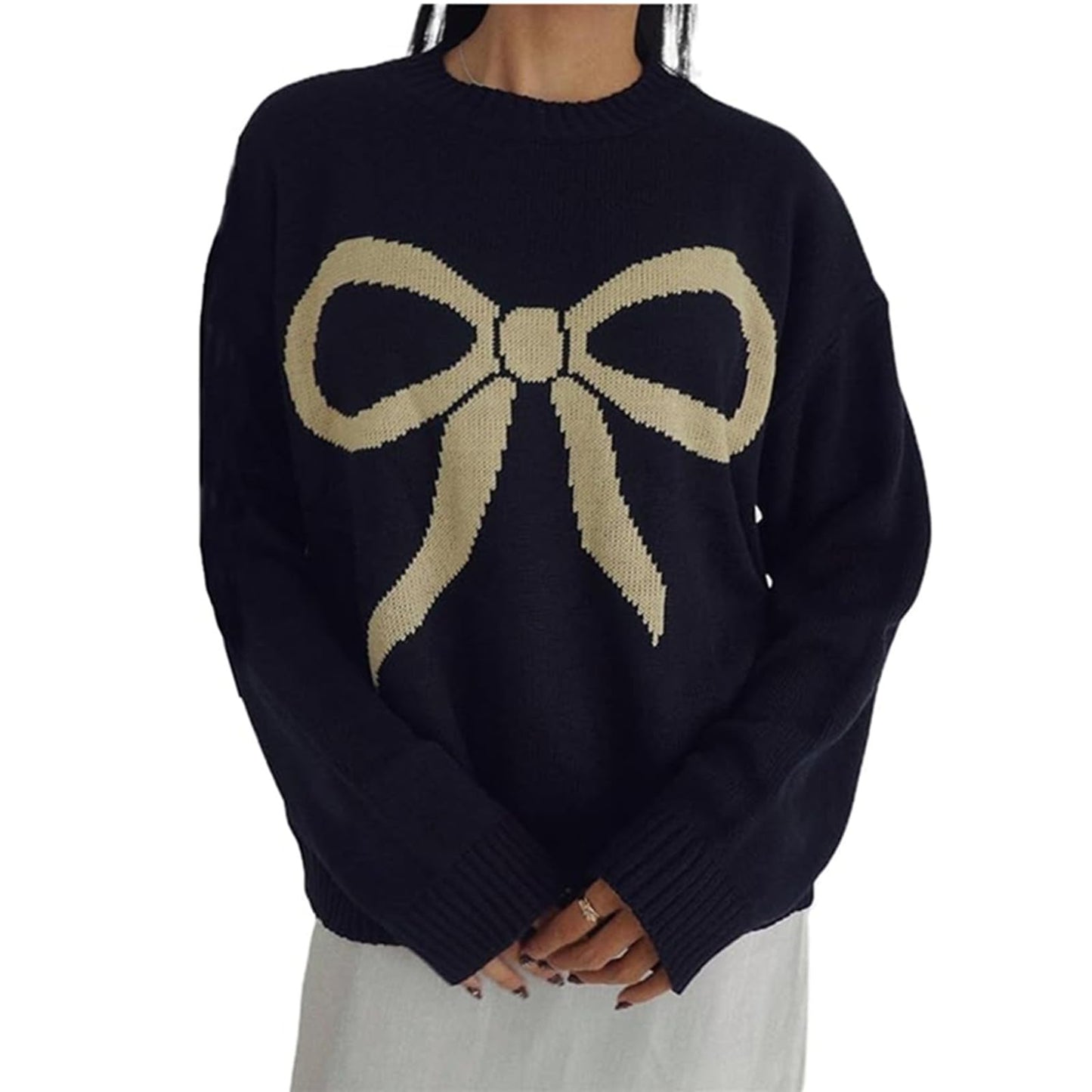 Women Oversized Y2K Fall Sweater Cute Bow Print Long Sleeve Cable Knit Pullover