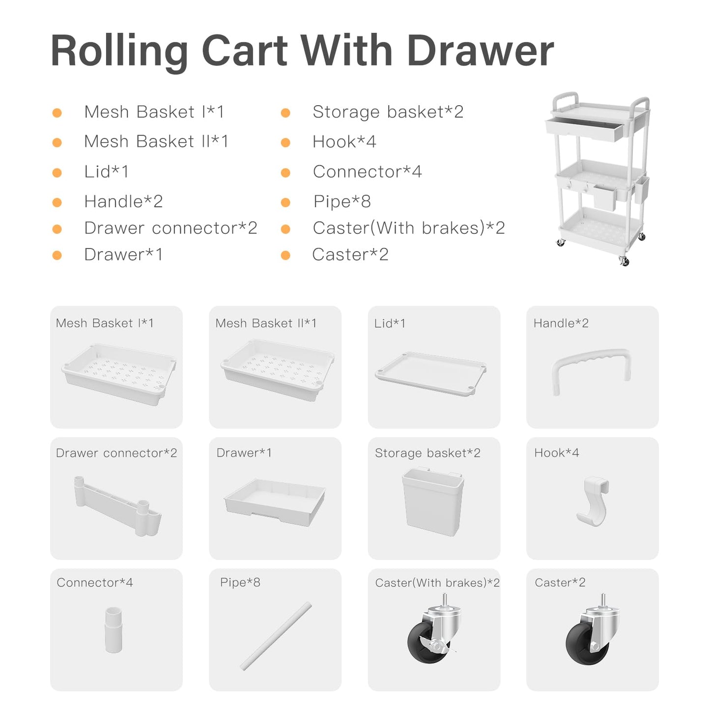 Rolling Utility Cart with Drawer,Storage Cart with Iron Wheels