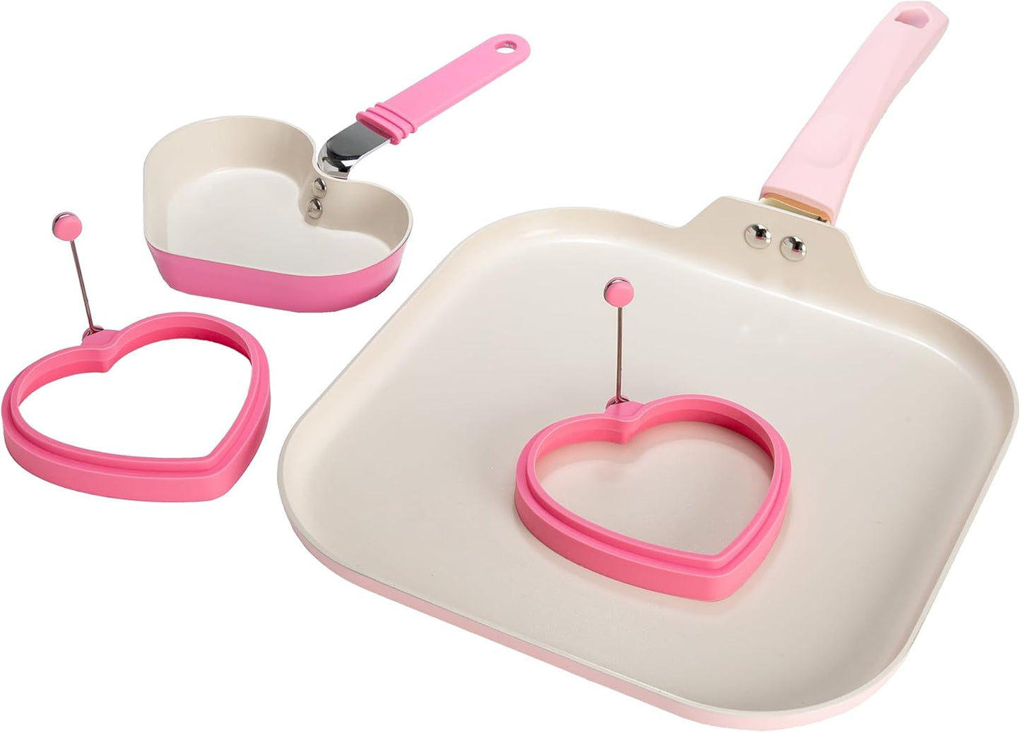 Paris Hilton Breakfast Ceramic Nonstick Cookware Set, Includes Square Griddle, Mini Heart Shaped Fry Pan and Two Silicone Heart Shaped Egg Rings, 4-Piece Set, Pink