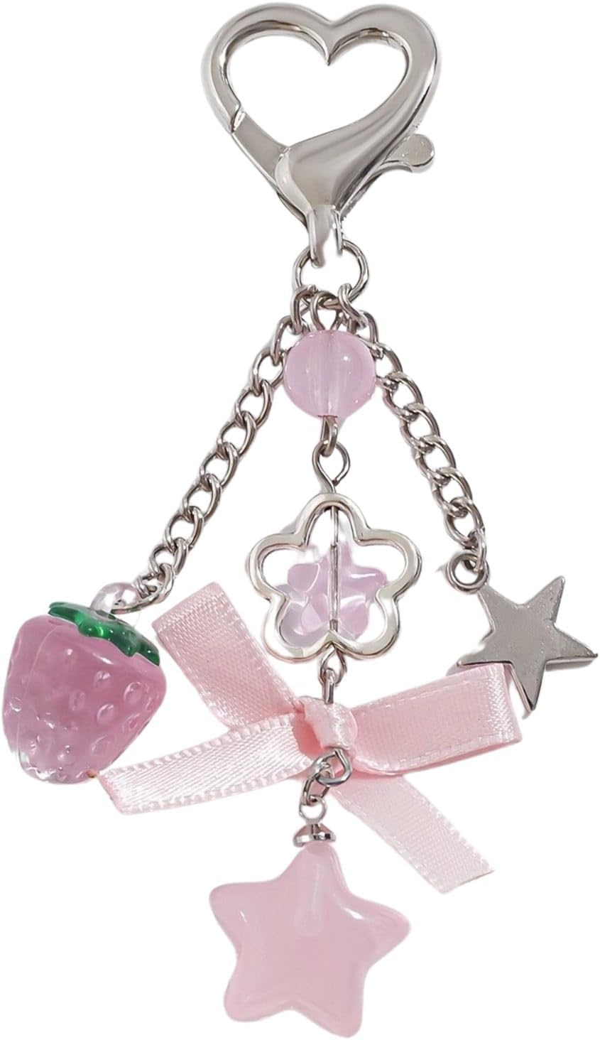 Cute Coquette Aesthetic Y2K Kawaii Keychain Strawberry Bow Star Pendants Keyrings