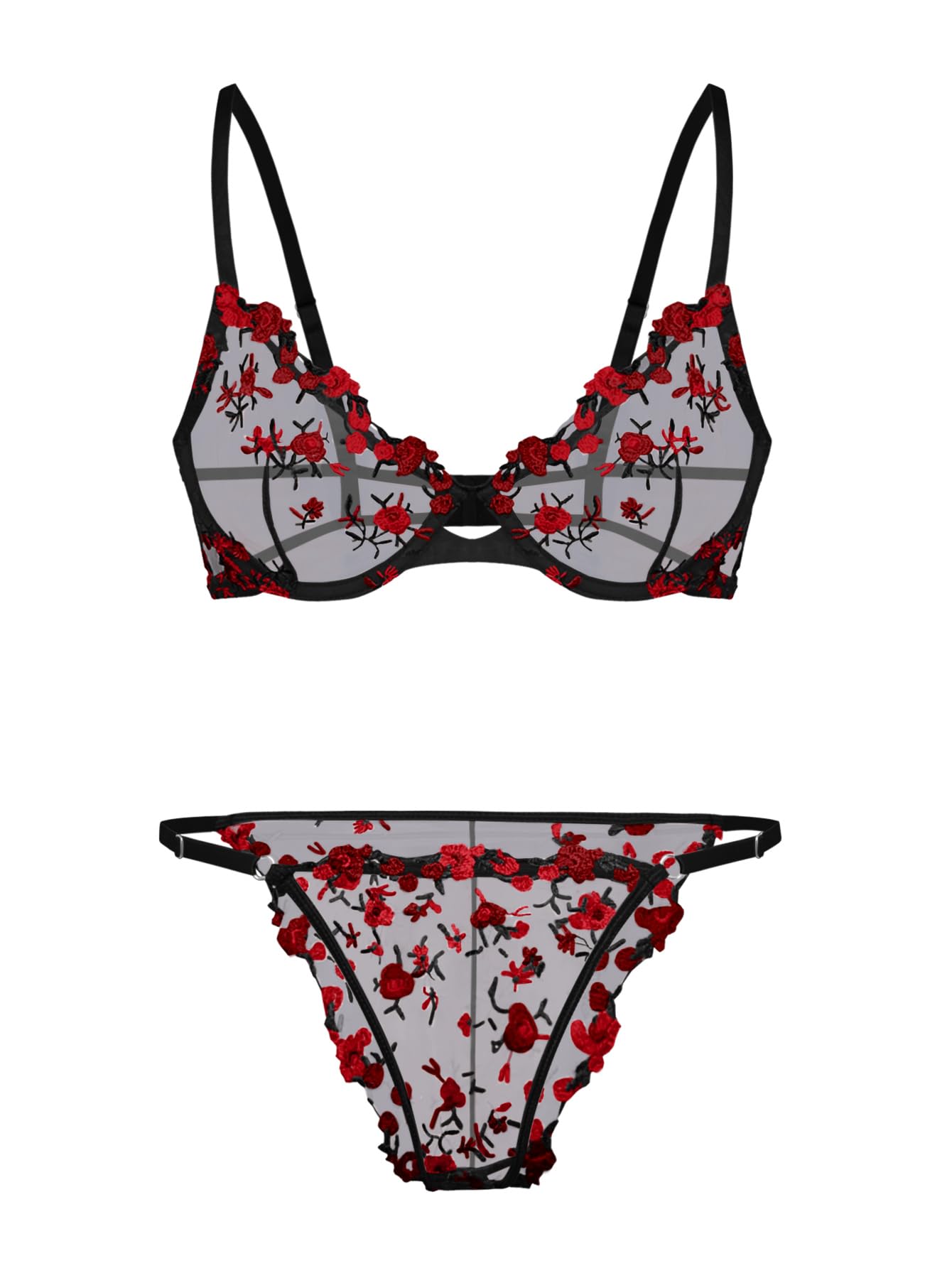 Sexy Floral Embroidered Mesh Sheer Underwire Lingerie Set