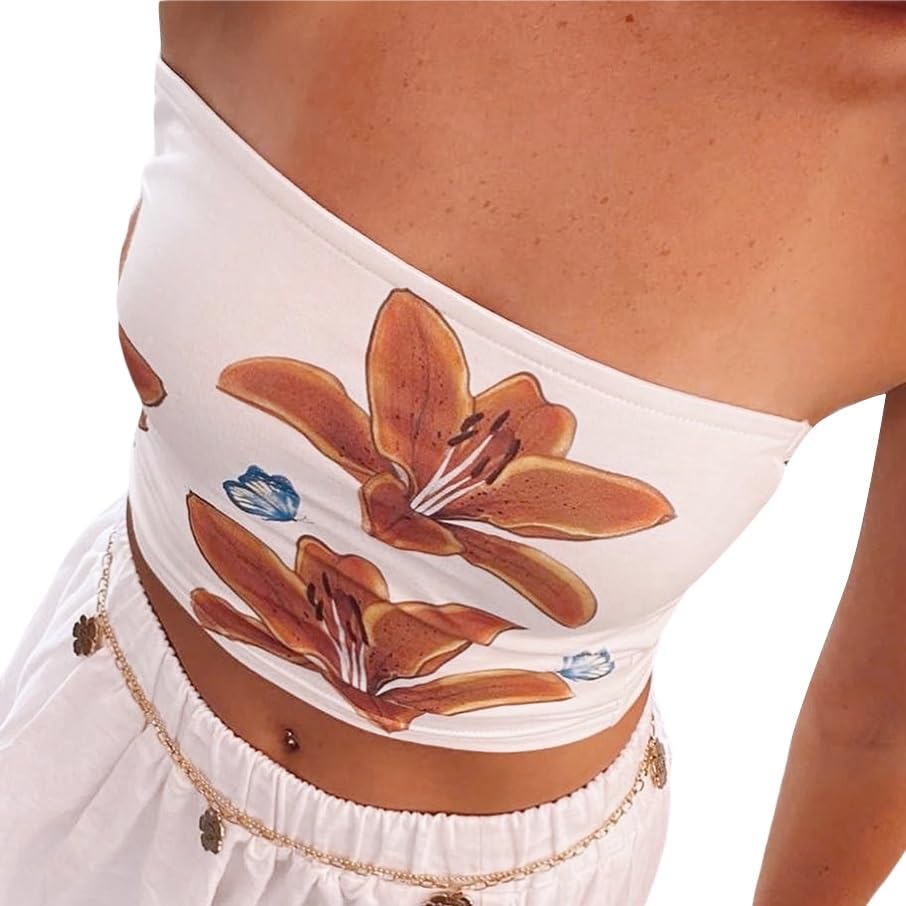 Women Y2k Floral Tube Tops Flower Print Strapless Sleeveless Bandeau Tops