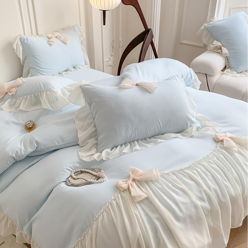 Princess Style Lace Bedding Comforter Cover Set, Chic Ruffled Duvet Cover with Lovely Bow, 1 Duvet Cover with 2 Pillowcases, No Comforter