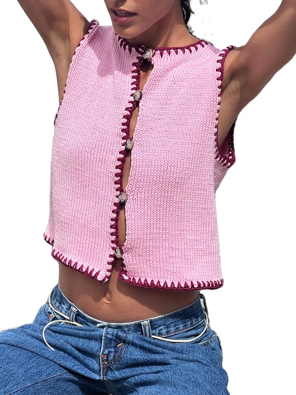 Women Y2k Knit Top Button Down Sweater - Solid Color Crochet Cardigan Top Streetwear