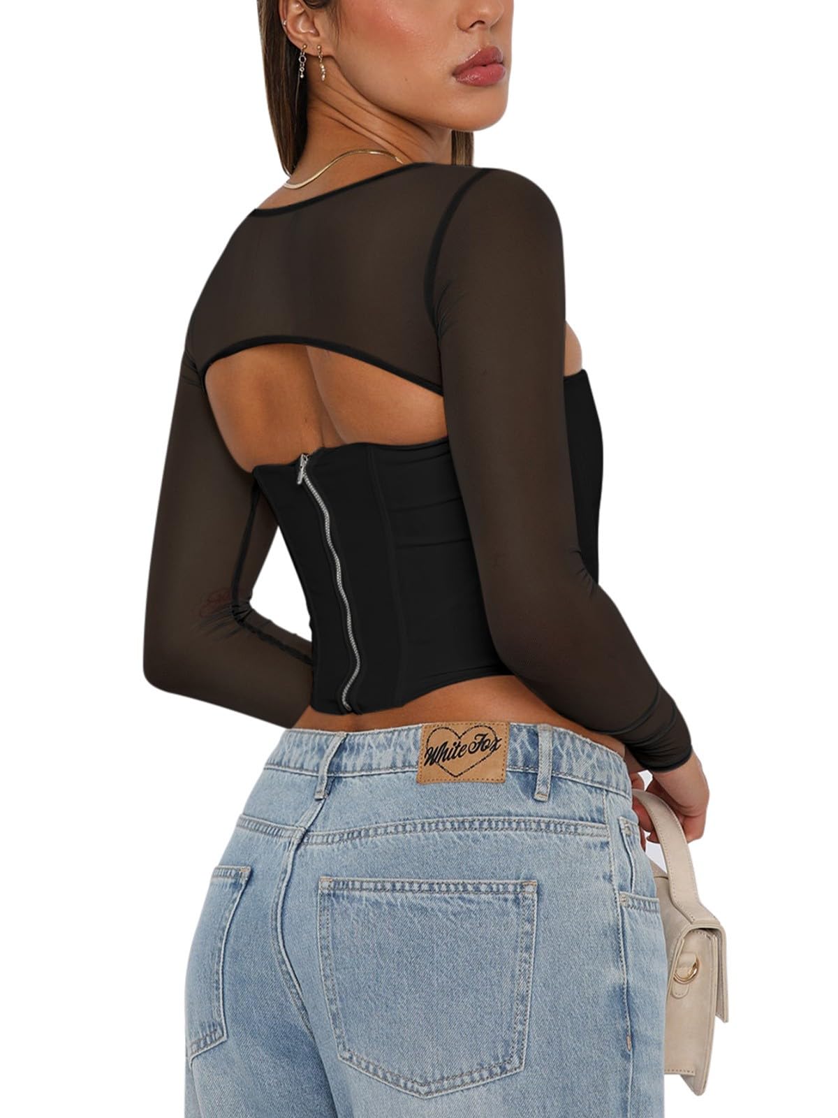 Women's Sexy Sheer Long-Sleeve Corset – Y2K Square Neck, Cropped Party Top