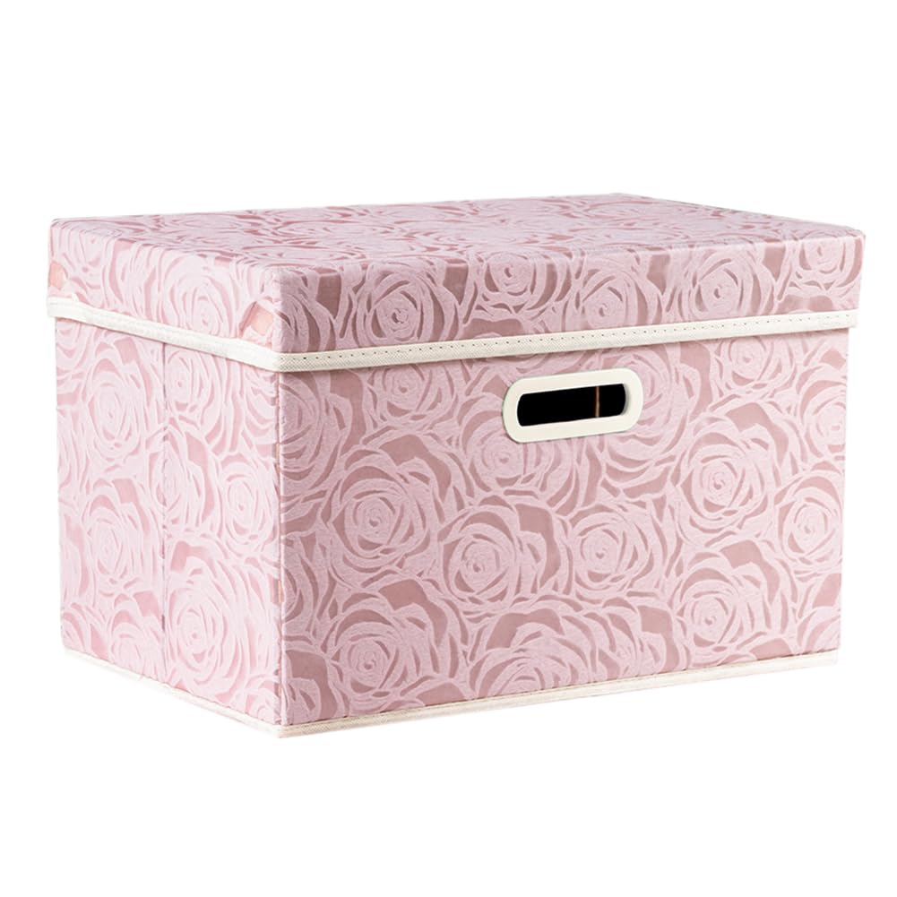 Larger Collapsible Storage Bin with Lid Fabric Decorative Storage Box Cube Organizer Container Baskes with Handles Divider for Bedroom Closet Living Room Pink 17.7x11.8x11.8 Inch