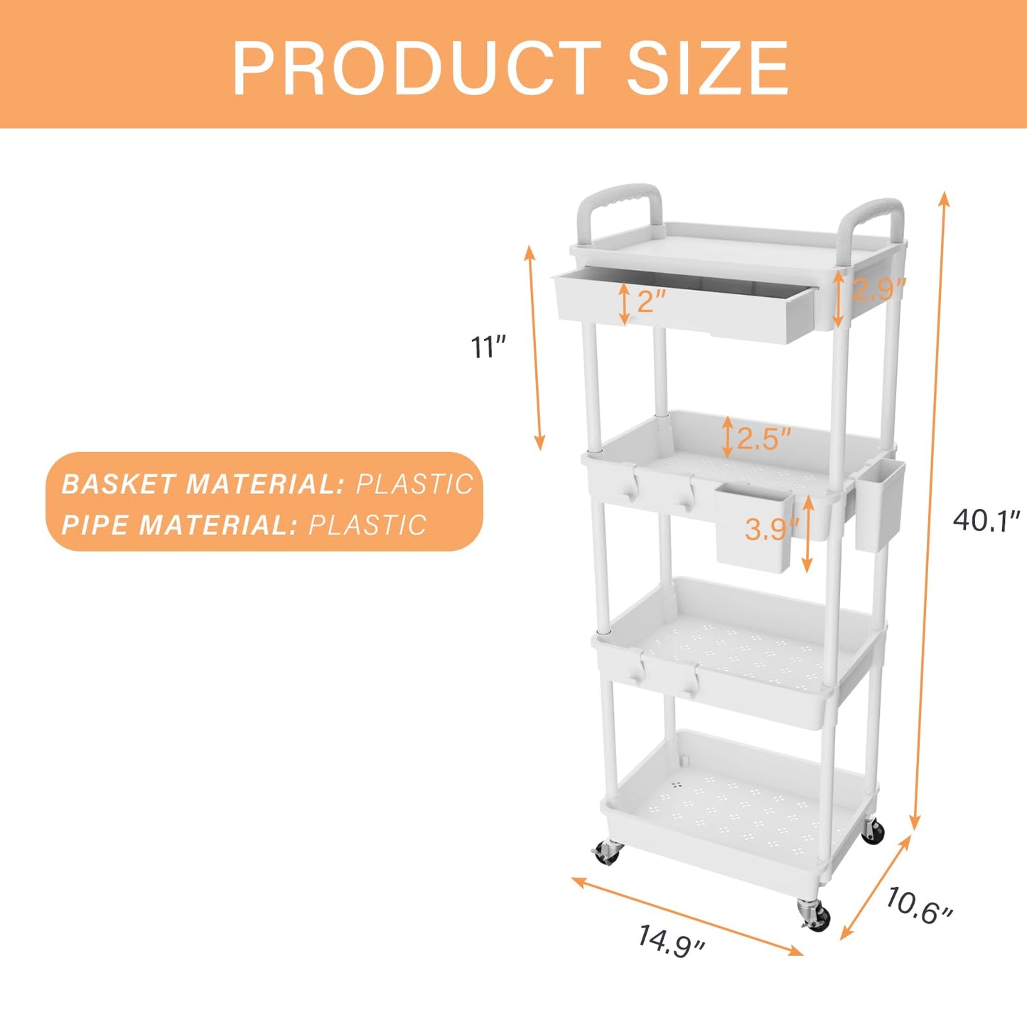 Rolling Utility Cart with Drawer,Storage Cart with Iron Wheels