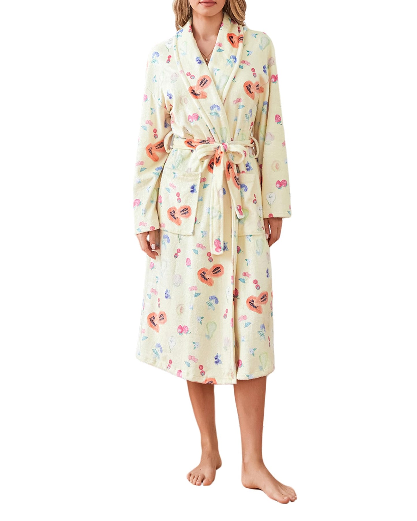 Women's Soft Floral Fruit Print Plush Shawl Collar Bathrobe with Belt