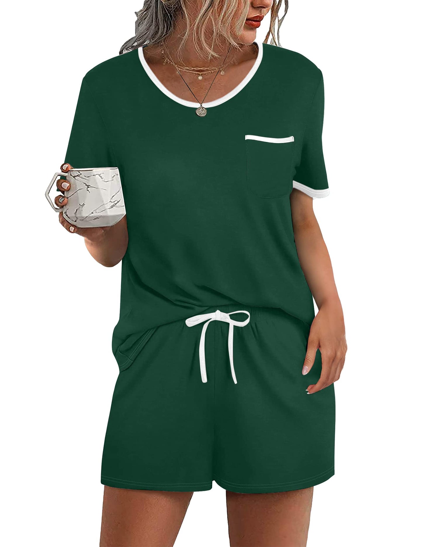 Pajama Set for 2 Piece Lounge Set Short Sleeve Tops and Shorts Soft Sleepwear, Chest Pocket