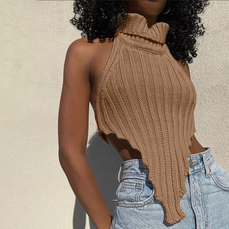 Sexy Halter Knitted Turtleneck Crop Tank Tops Irregular Cut Out Backless Camisole