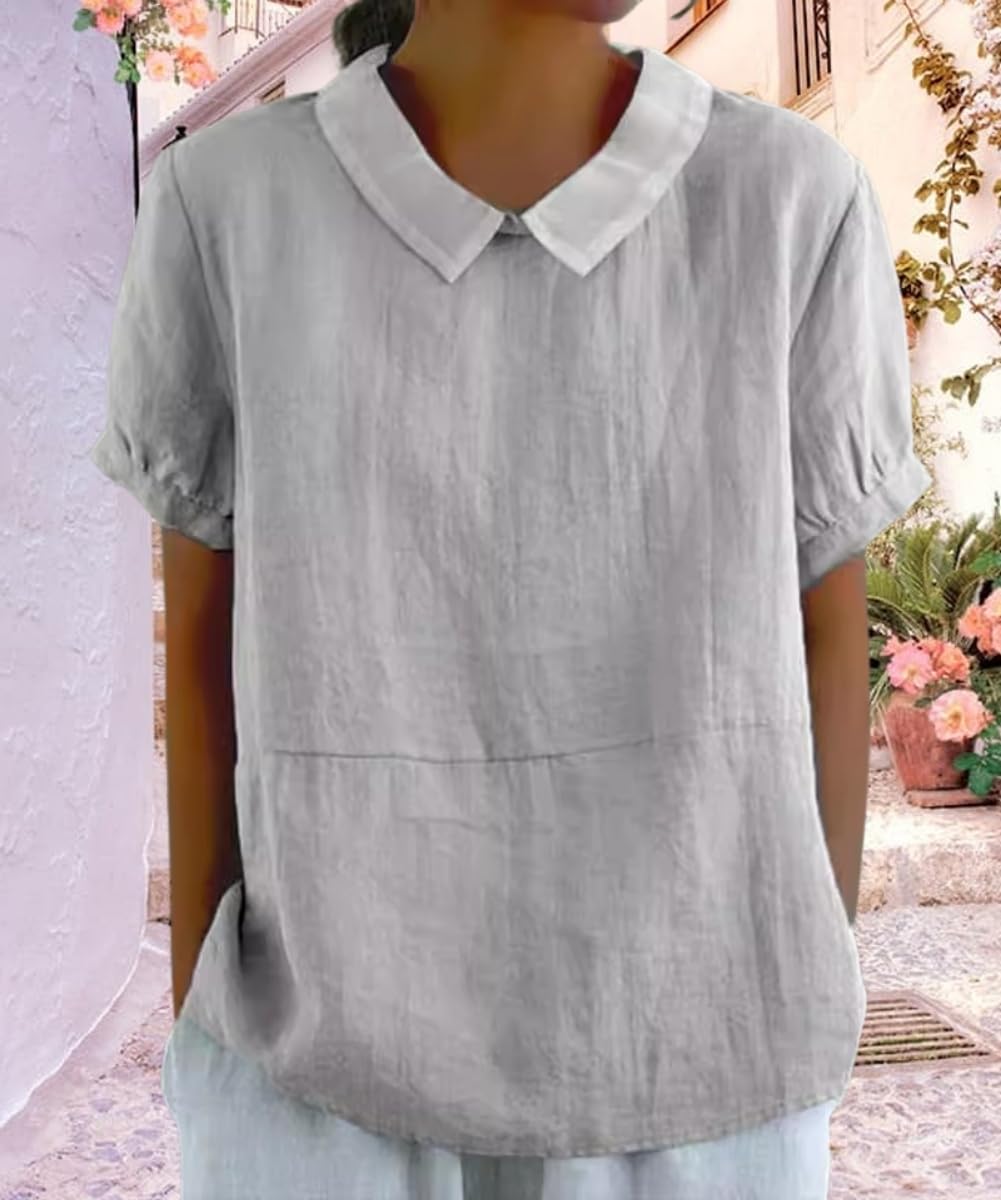 Cotton Linen Shirts Short Sleeve Casual Collared Work Blouse Tunic Tos