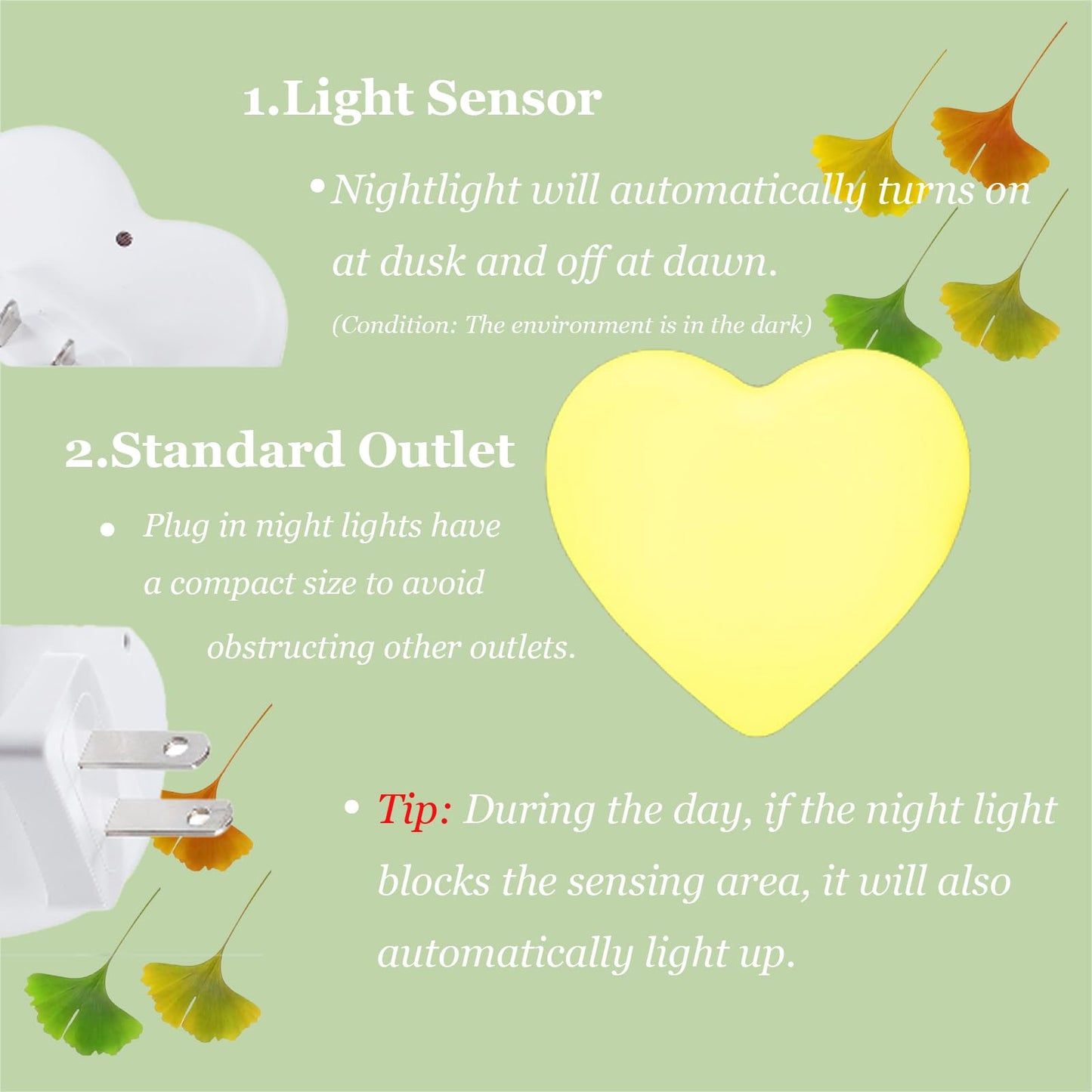 Cute Night Lights Heart Shape Nightlight with Light Sensors, Auto Soft Warm White