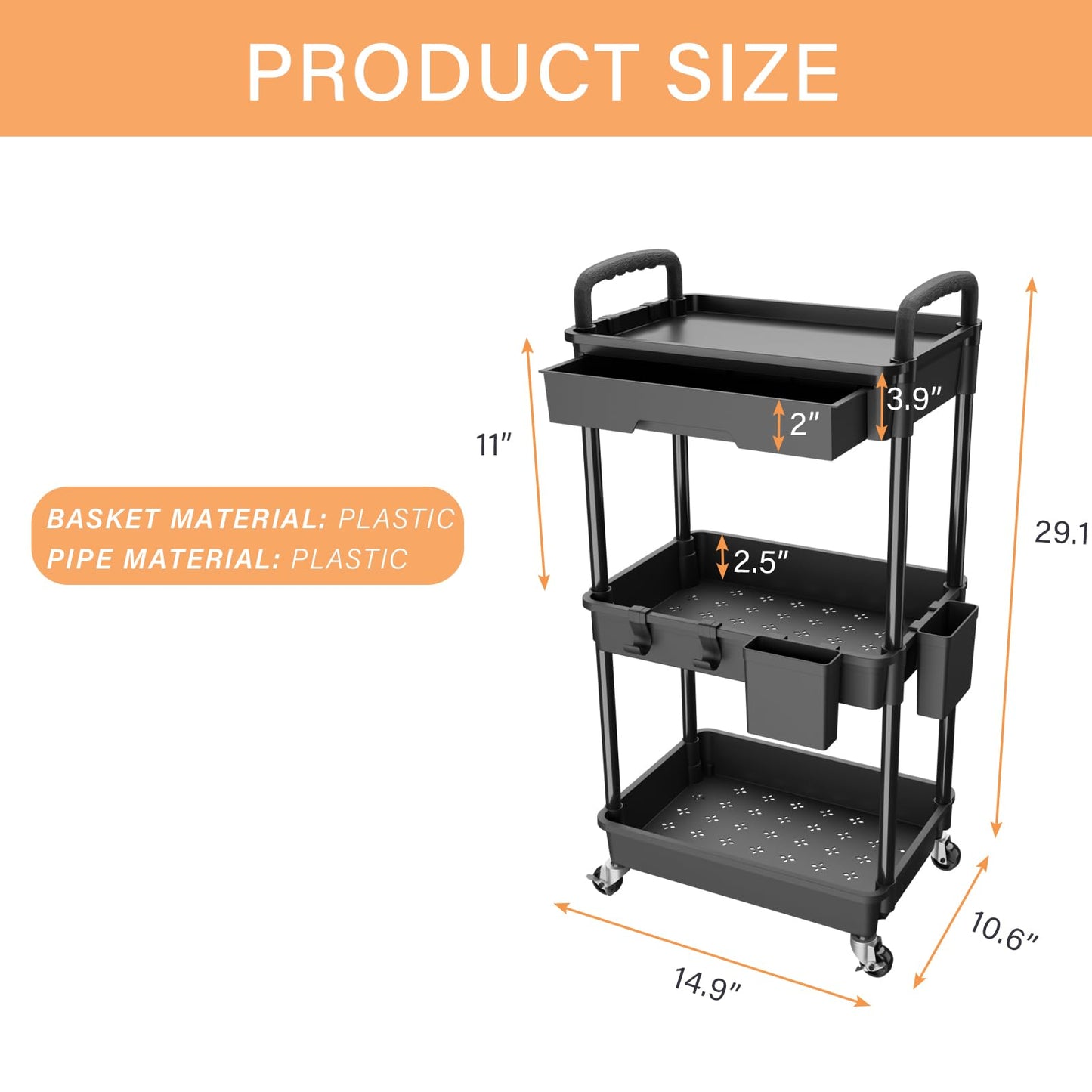 Rolling Utility Cart with Drawer,Storage Cart with Iron Wheels