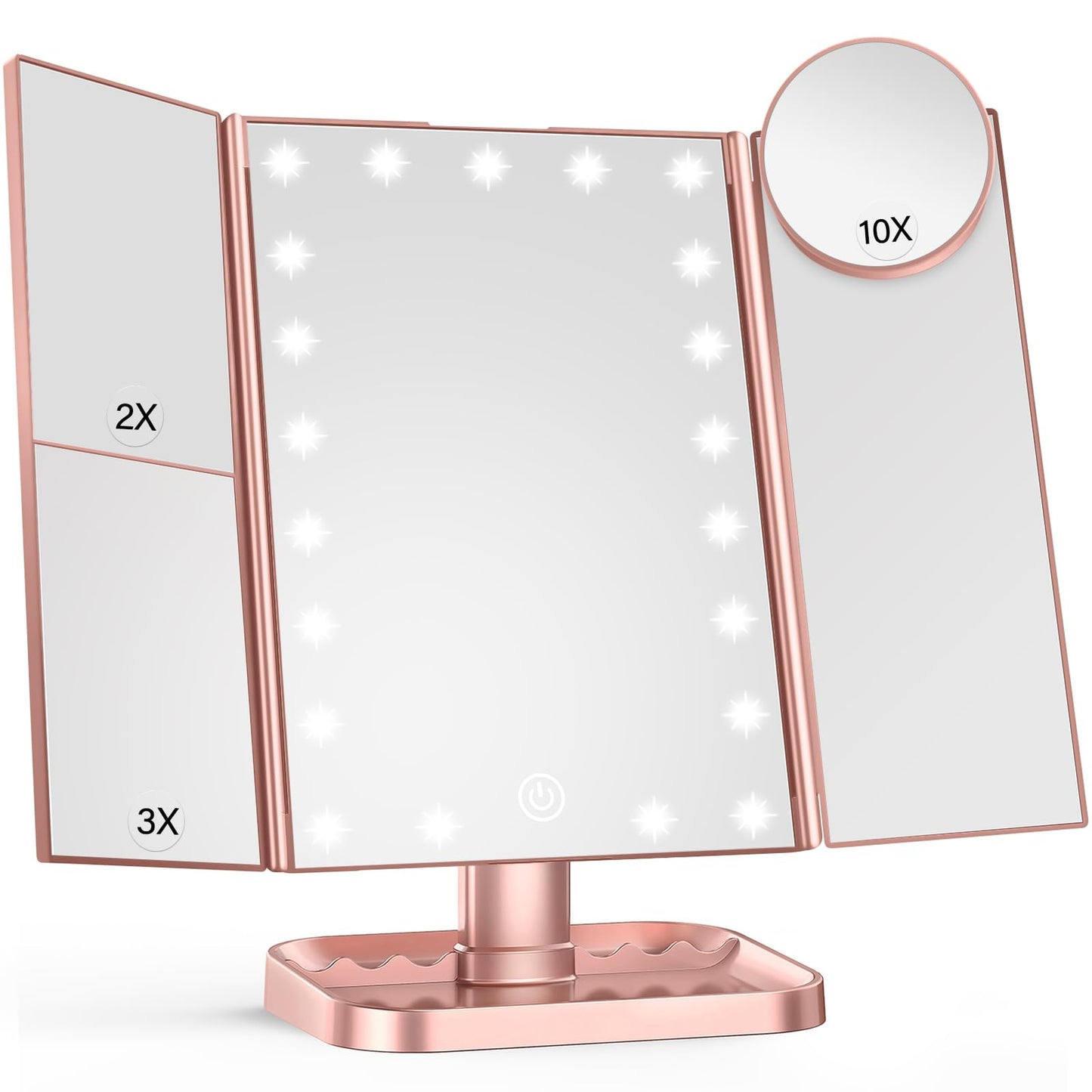 Makeup Mirror Vanity with Lights, 2X 3X 10X Magnification, Lighted Mirror, Touch Control, Trifold Dual Power Supply, Portable LED