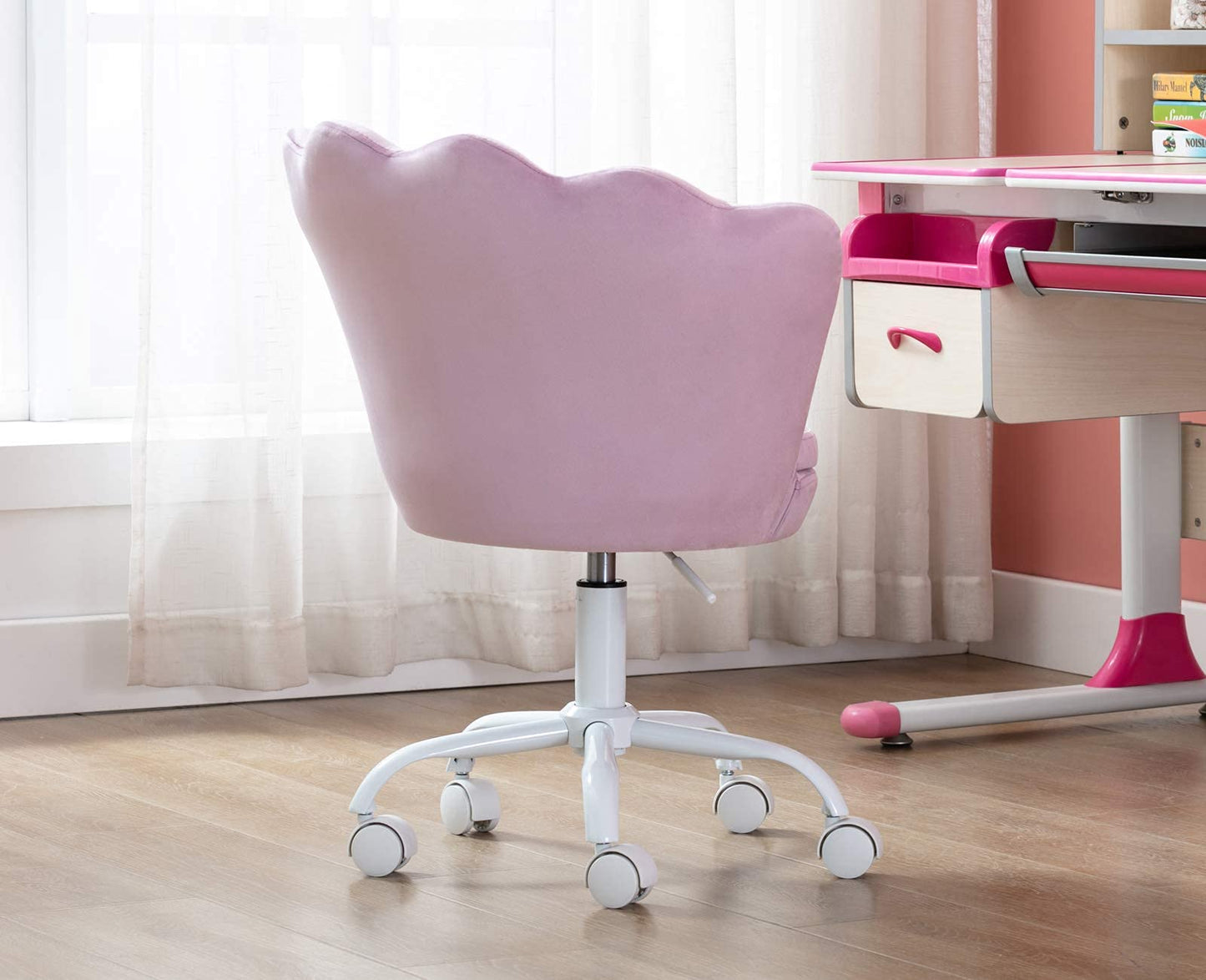 Cute Adjustable Kids Desk Chair - Modern Upholstered Velvet Swivel Rolling Armchair Seashell Back