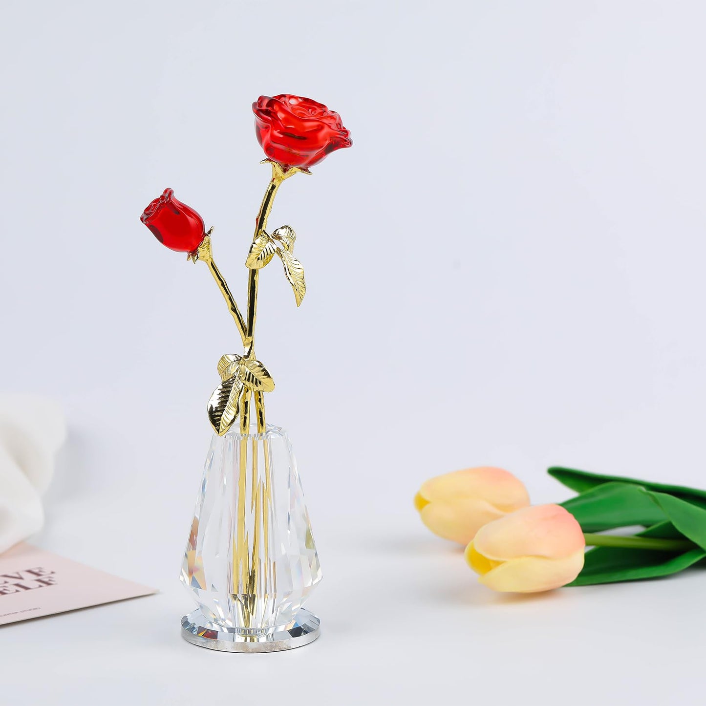 Crystal Rose Flowers Figurines Home Decor, Glass Roses with Stems