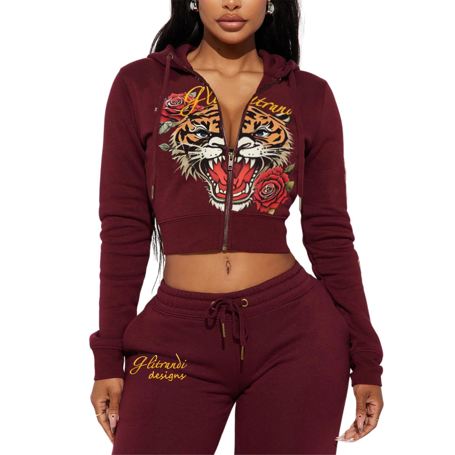 Womens 2 Piece Cropped Hoodies Jacket Sweatpants With Pockets Tracksuit