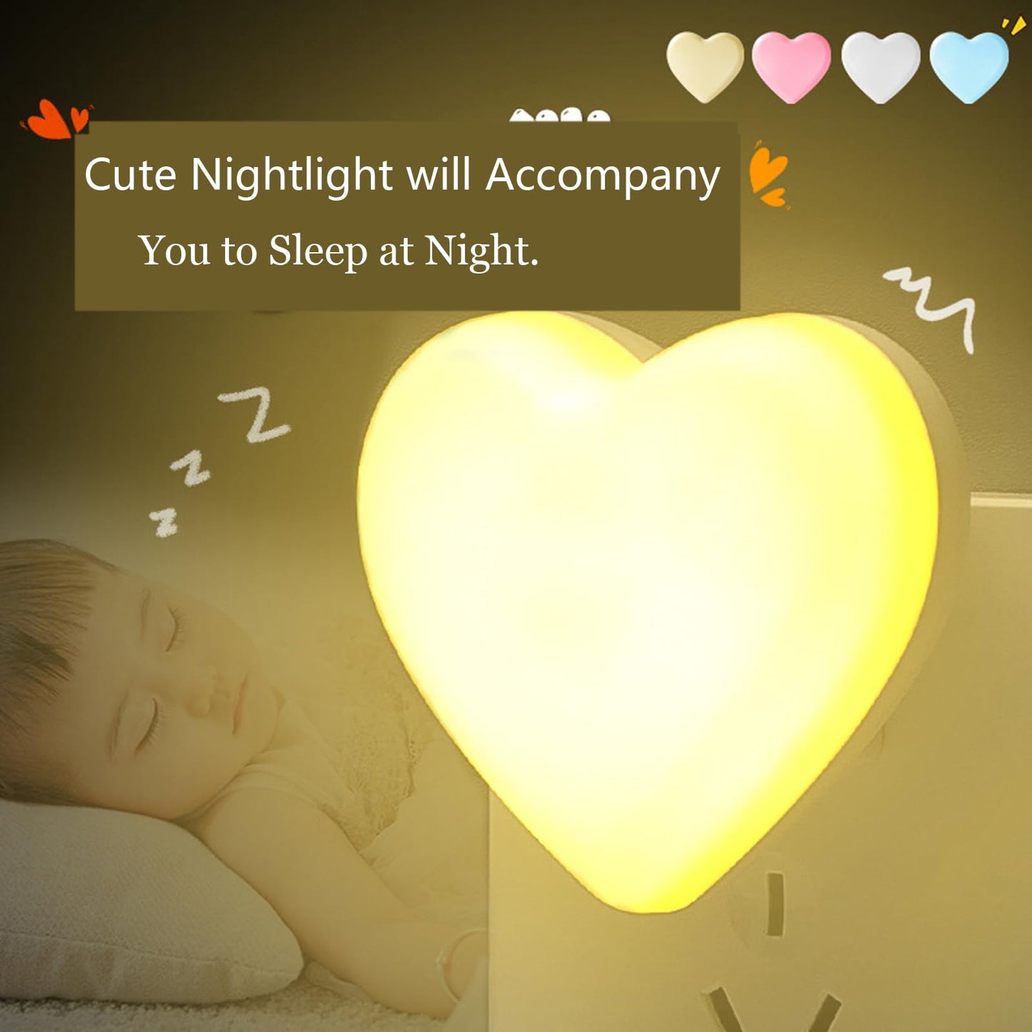 Cute Night Lights Heart Shape Nightlight with Light Sensors, Auto Soft Warm White