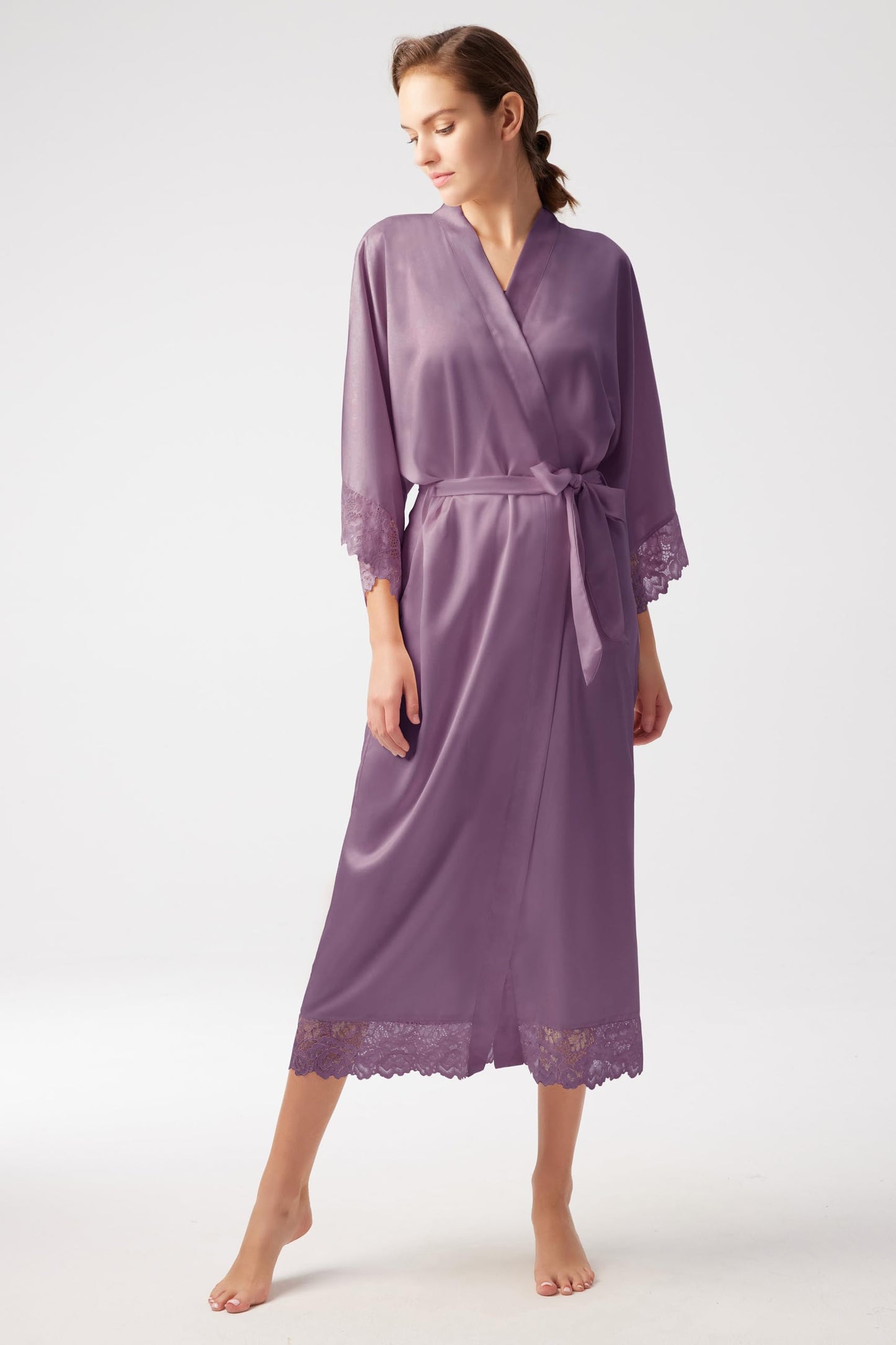 Satin Kimono Robe Silky Long with Lace Trim