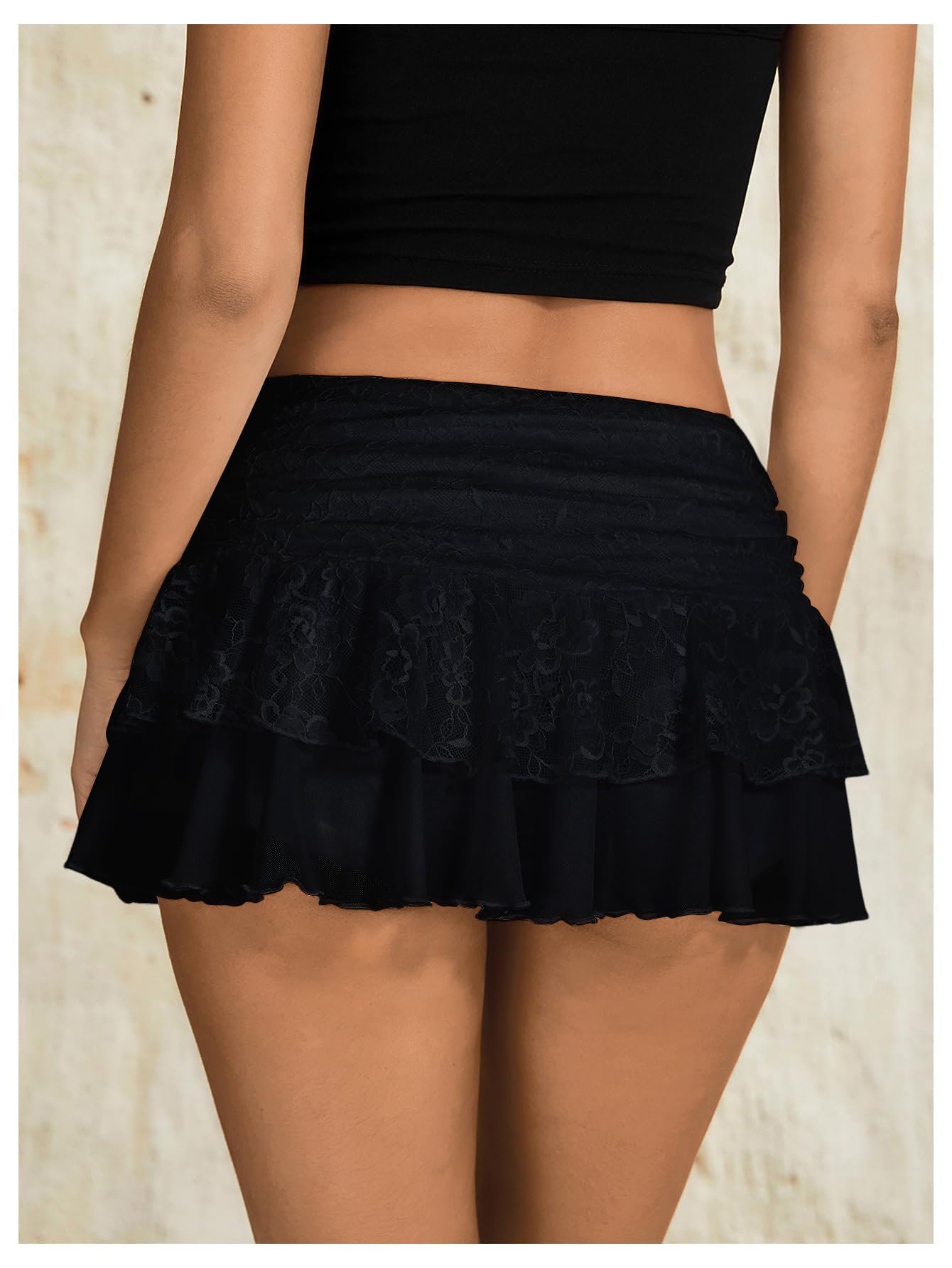 Women's Y2k Low Waist Lace Mesh Layered Ruffled Mini Skirt Skort