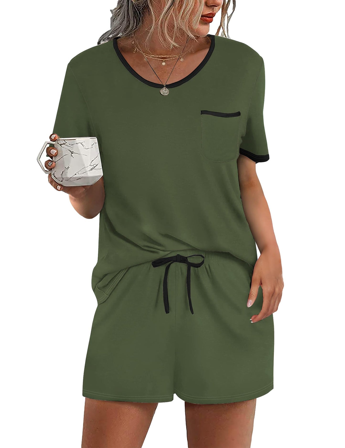 Pajama Set for 2 Piece Lounge Set Short Sleeve Tops and Shorts Soft Sleepwear, Chest Pocket