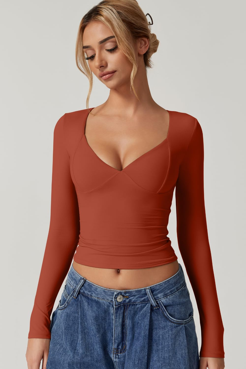 Women's Long Sleeve V Neck T Shirts - Double Lined Crop Top Seamed Cup