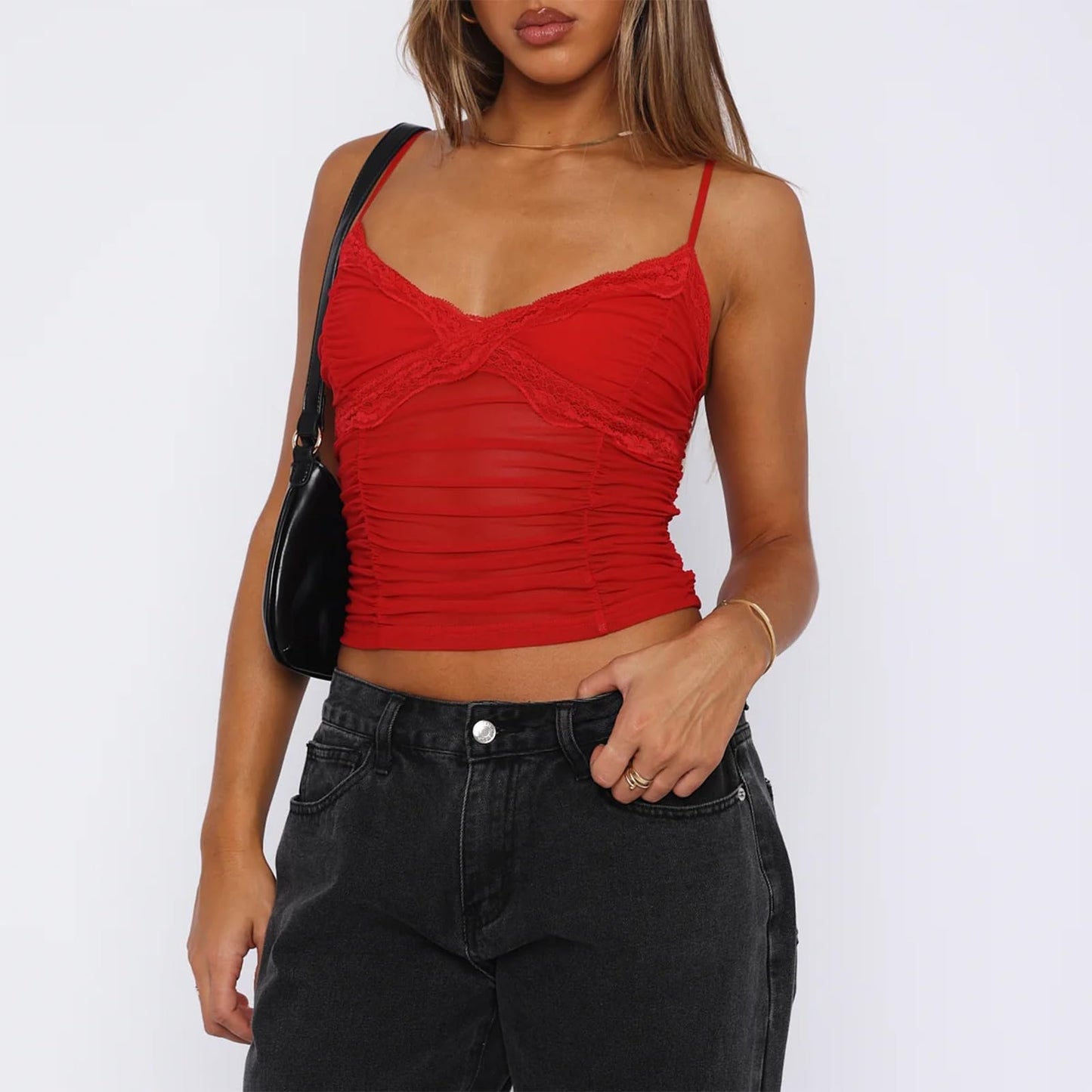 Women Y2K Camisole Spaghetti Strap Lace Trim Square Neck Tank Top