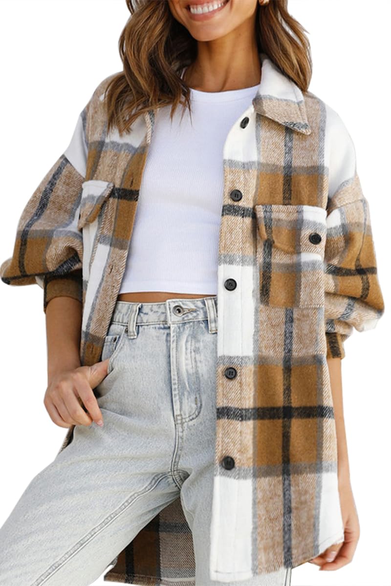 Women's Casual Flannel Plaid Shacket Button Down Long Sleeve Shirt Jacket Coats with Pockets