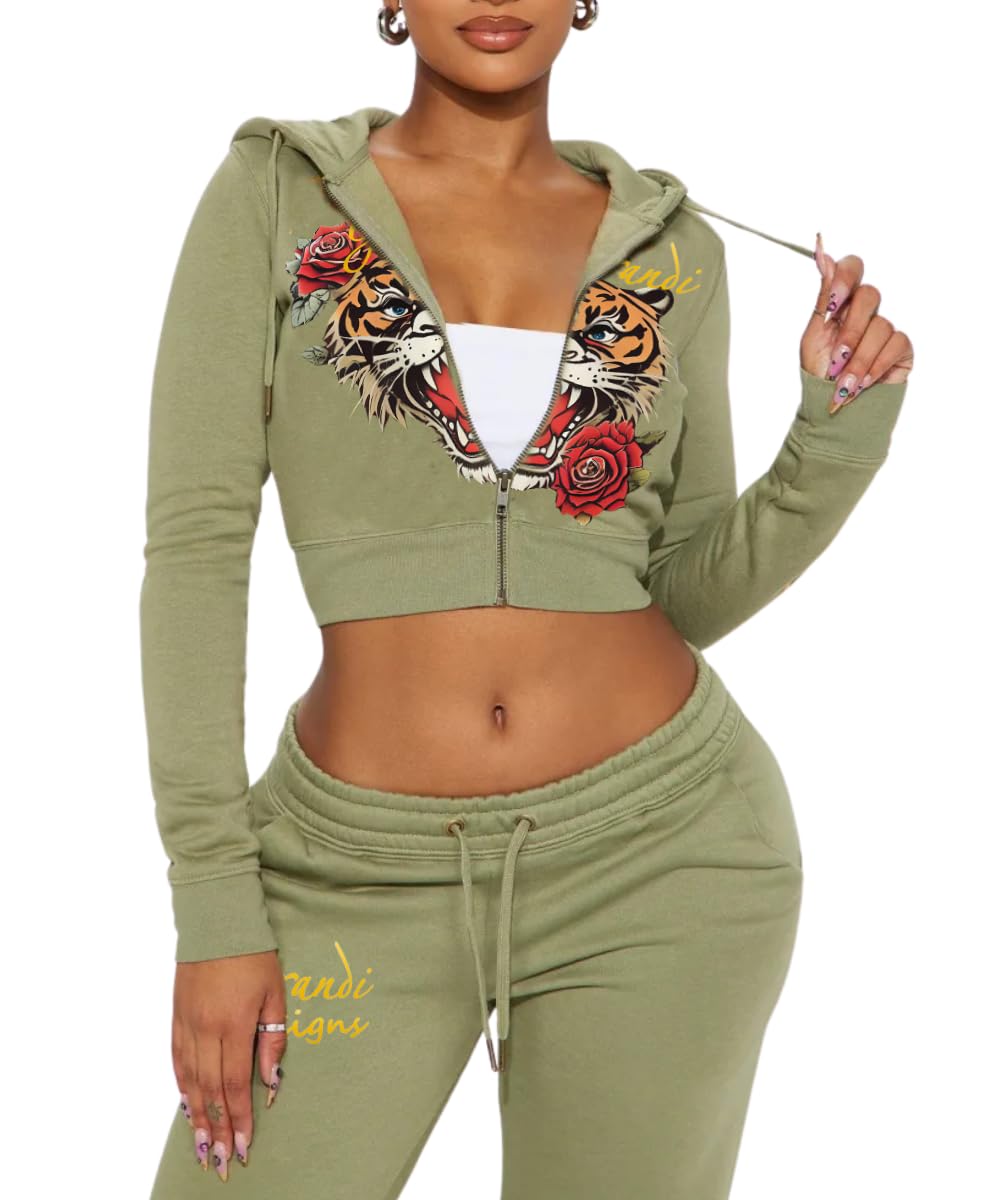 Womens 2 Piece Cropped Hoodies Jacket Sweatpants With Pockets Tracksuit