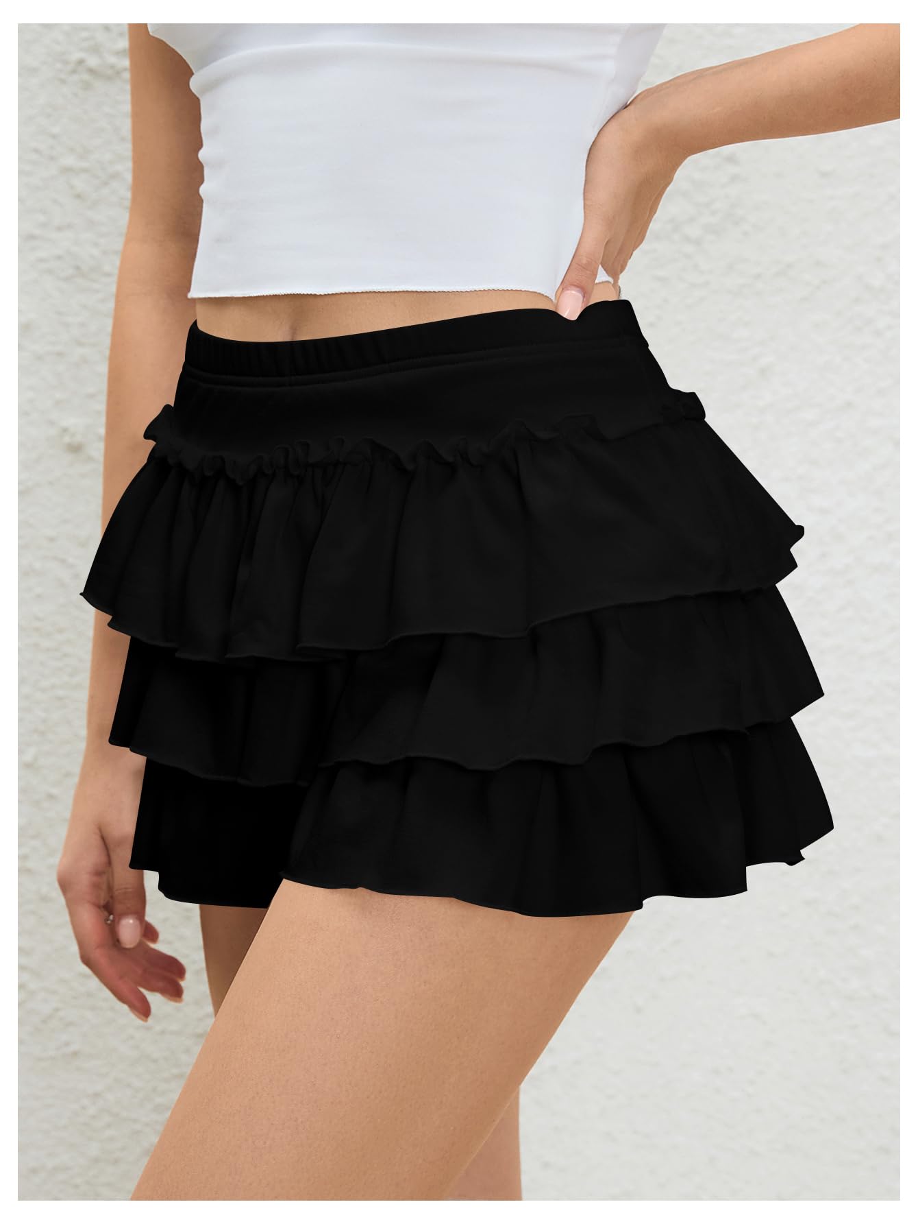 Women's Bow Back Mini Skirt Elastic Low Waist Layered Ruffle Hem Short Cake Skirts