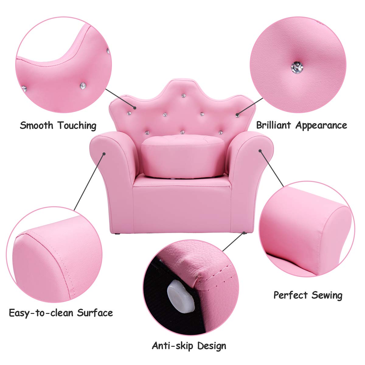 Children Upholstered Sofa with Ottoman, Princess Sofa with Diamond Decoration