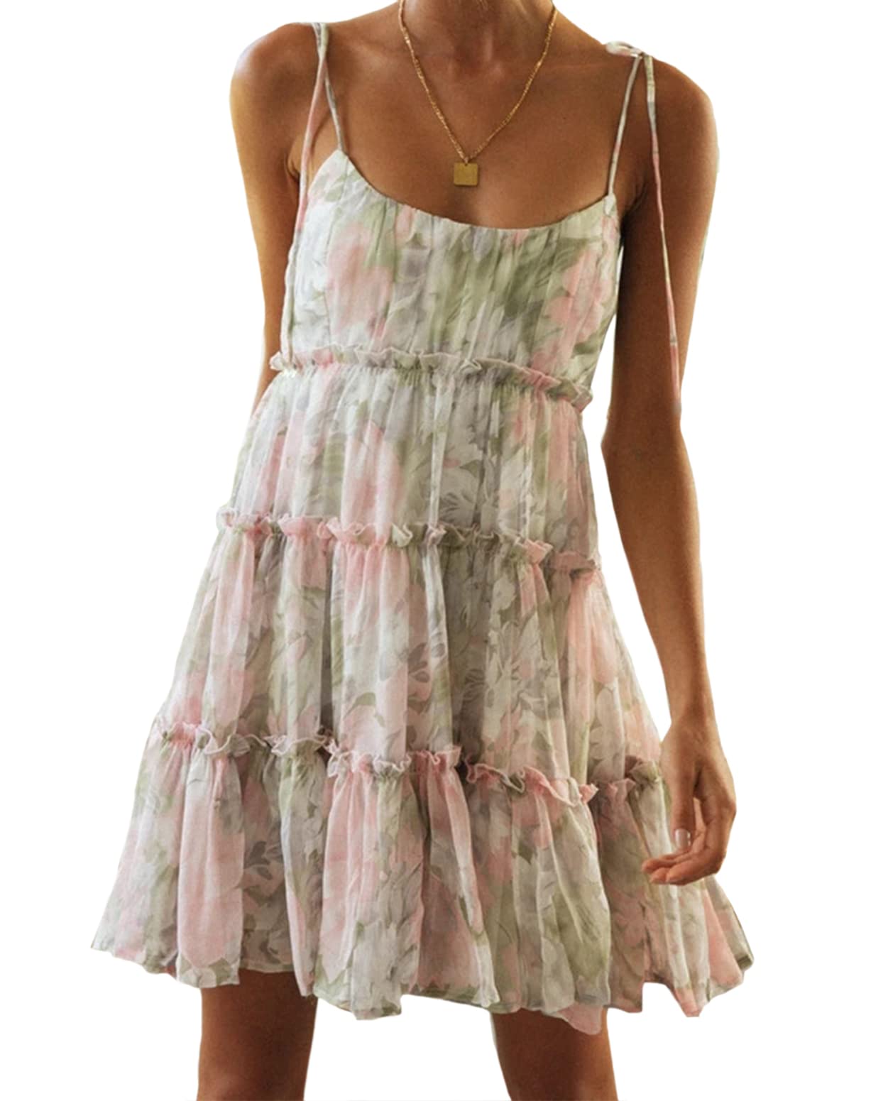 Womens Summer Floral Mini Dress Boho Flowy Skater Dresses Short Sleeveless Ruffle Spaghetti Strap Dress