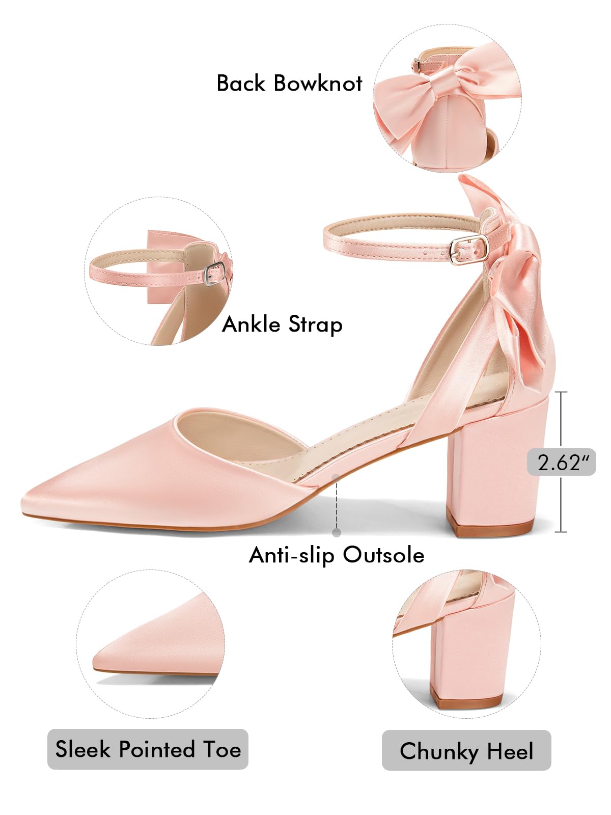 Womens Chunky Heels Low Heel Ankle Strap Pumps Closed Pointed Toe Shoes