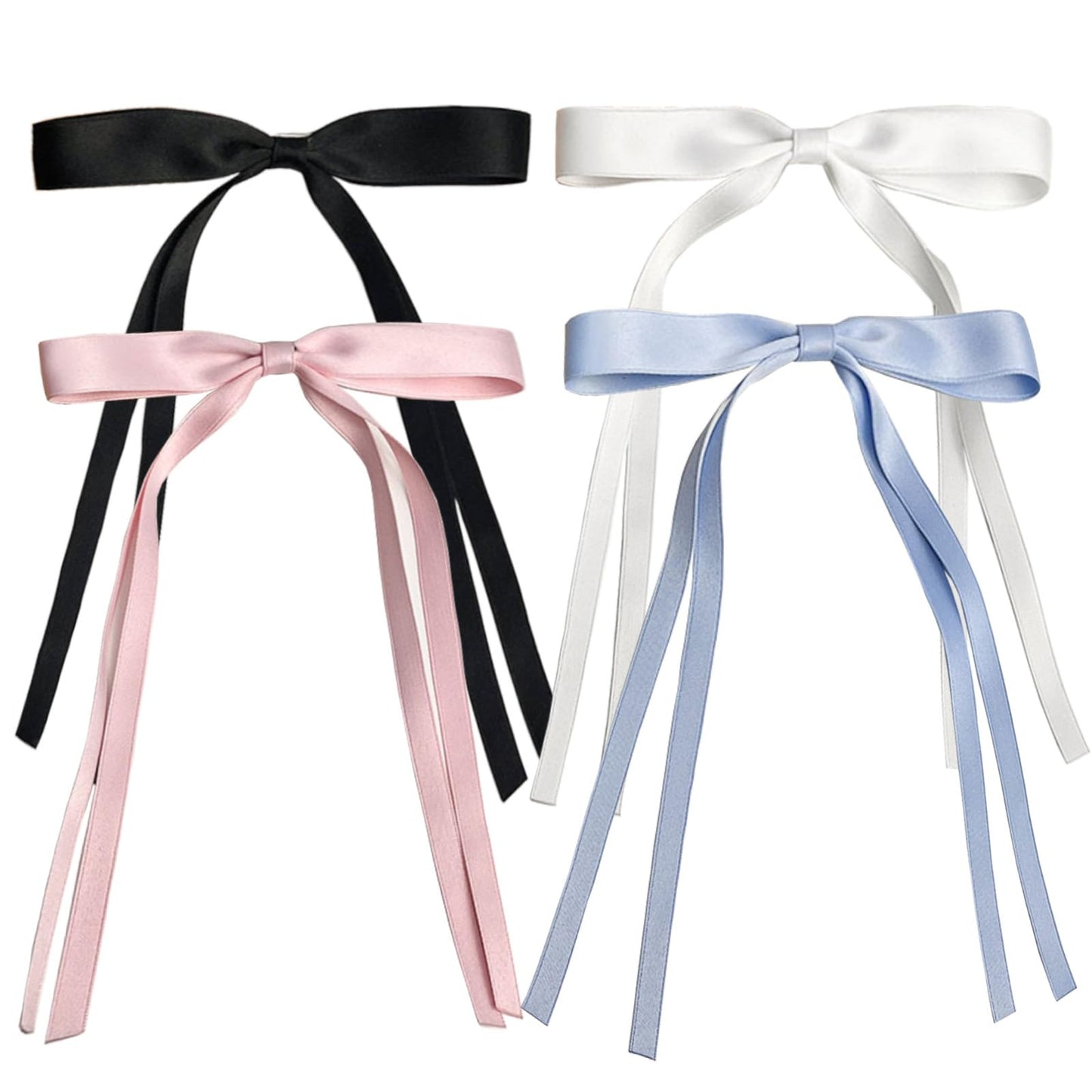 Satin 4-Piece Hair Ribbon Clips for Women and Girls – Pink and Beige Long Tail Bow Hair Accessories