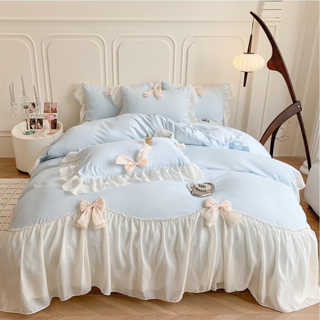 Princess Style Lace Bedding Comforter Cover Set, Chic Ruffled Duvet Cover with Lovely Bow, 1 Duvet Cover with 2 Pillowcases, No Comforter