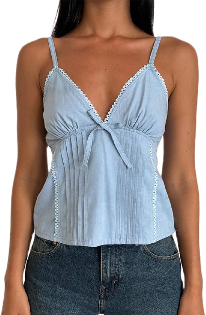 Women Y2k Crop Tank Top Low Cut Sleeveless Cami Top Sexy V Neck Spaghetti Strap Camisoles