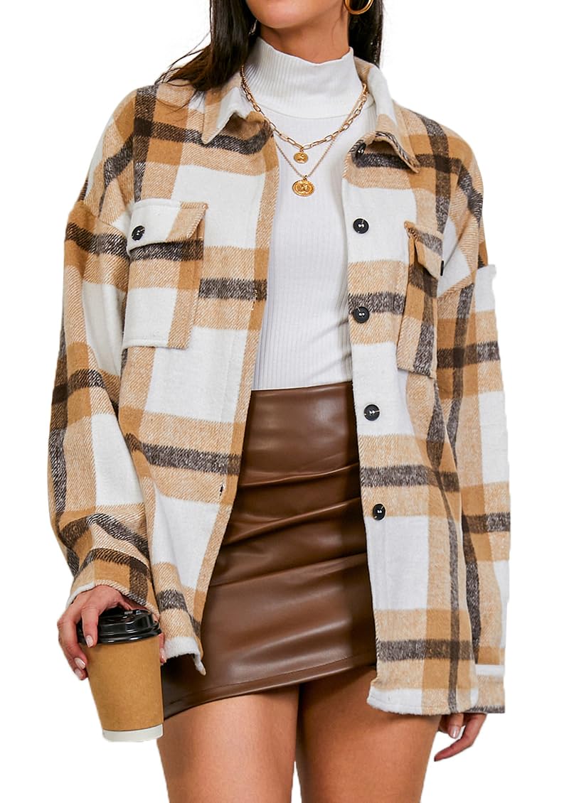 Women's Casual Flannel Plaid Shacket Button Down Long Sleeve Shirt Jacket Coats with Pockets