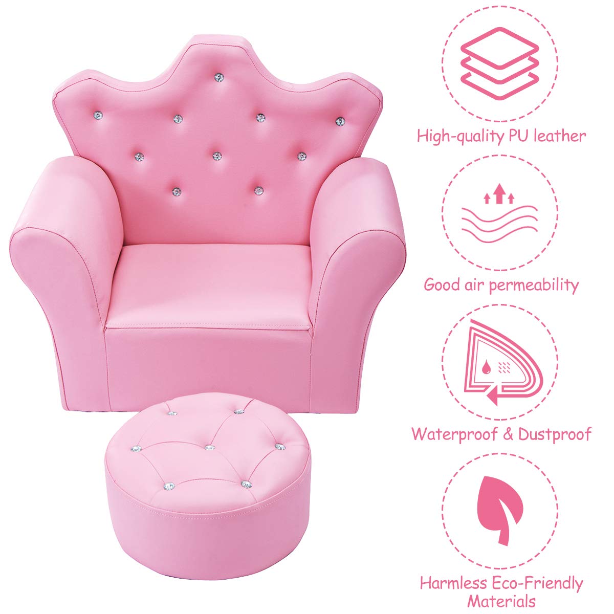 Children Upholstered Sofa with Ottoman, Princess Sofa with Diamond Decoration