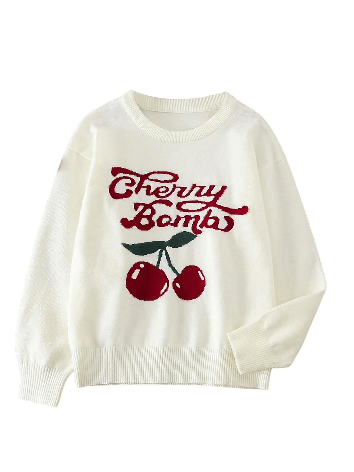 Girl's Cherry Pattern Knit Sweater Long Sleeve Crewneck Loose Pullover Tops