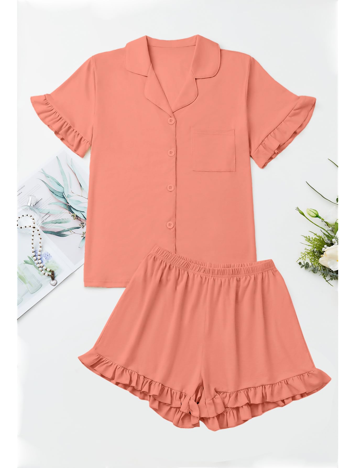 Women's Button Down V Neck Short Sleeve Ruffle Trim Top with Shorts Sleepwear Pajamas Set