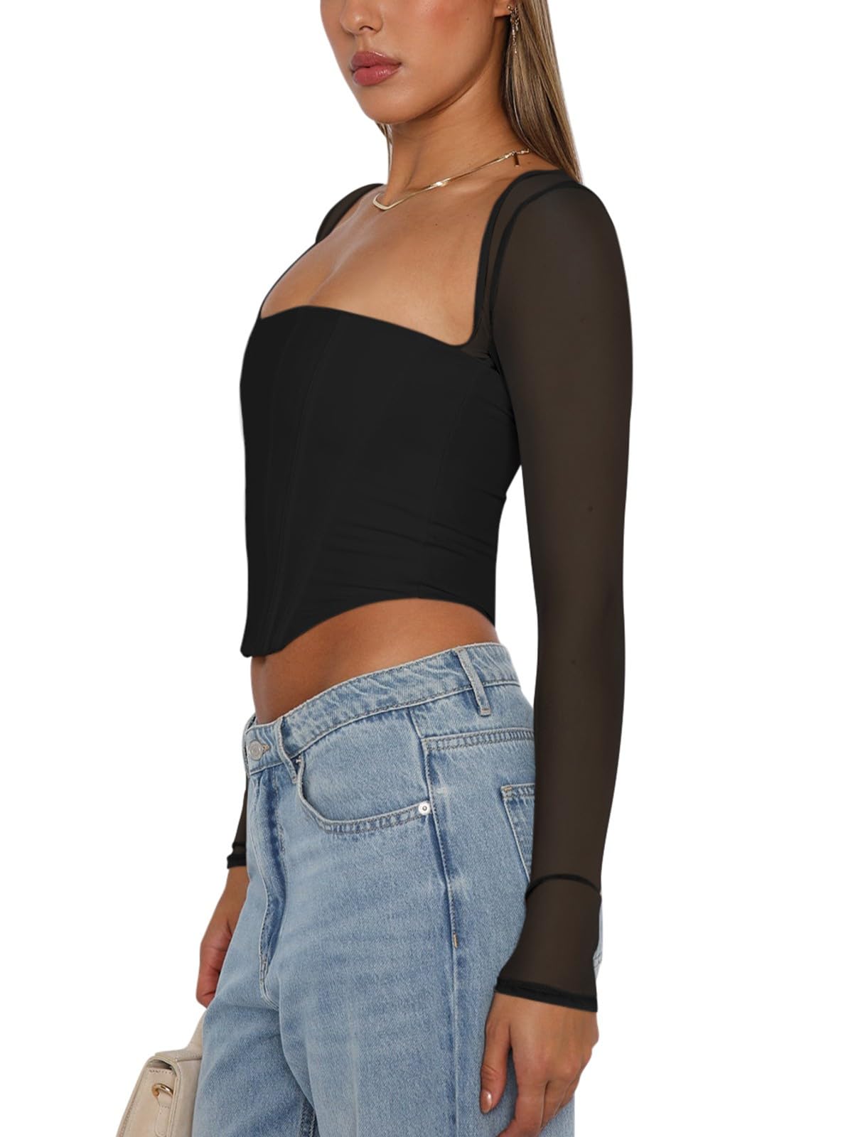 Women's Sexy Sheer Long-Sleeve Corset – Y2K Square Neck, Cropped Party Top