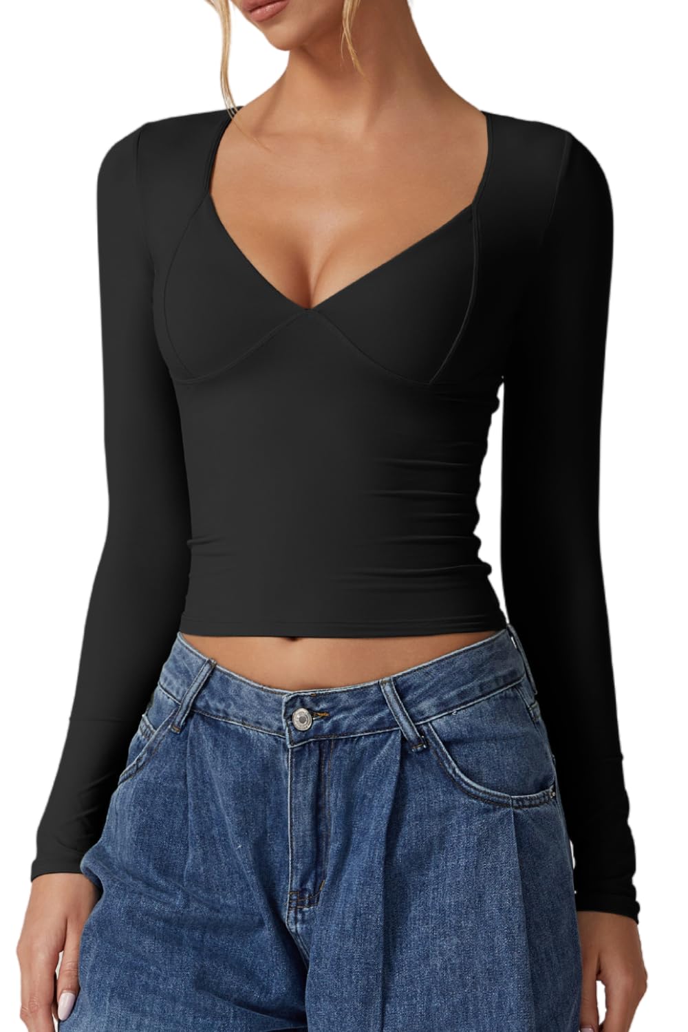 Women's Long Sleeve V Neck T Shirts - Double Lined Crop Top Seamed Cup