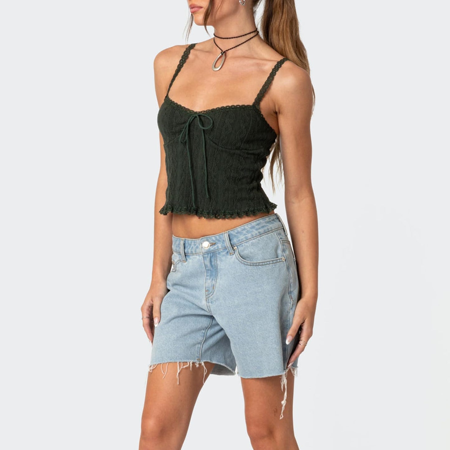 Women Y2k Lace Trim Crop Tank Top Spaghetti Strap