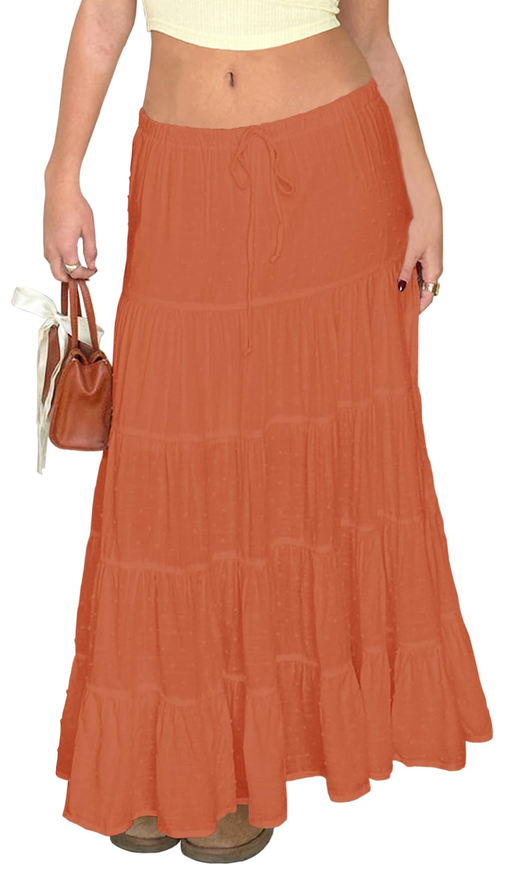 Women's Casual High Elastic Waist Ruffle Boho Pleated A-line Long Maxi Skirt