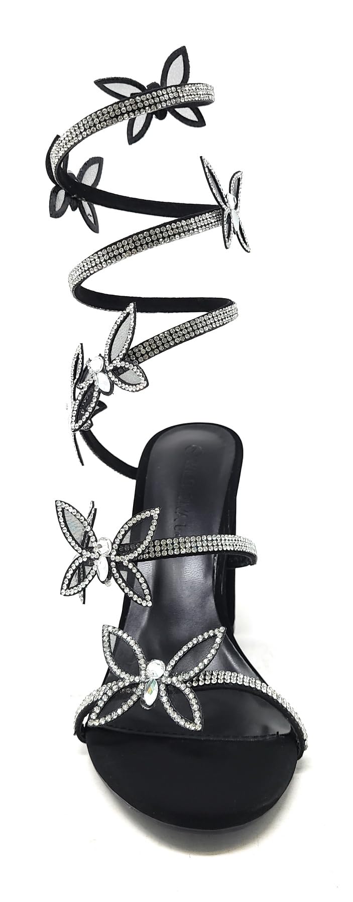 Rhinestone Butterfly Detail Spiral Coil Wrap Around Chunk Heel