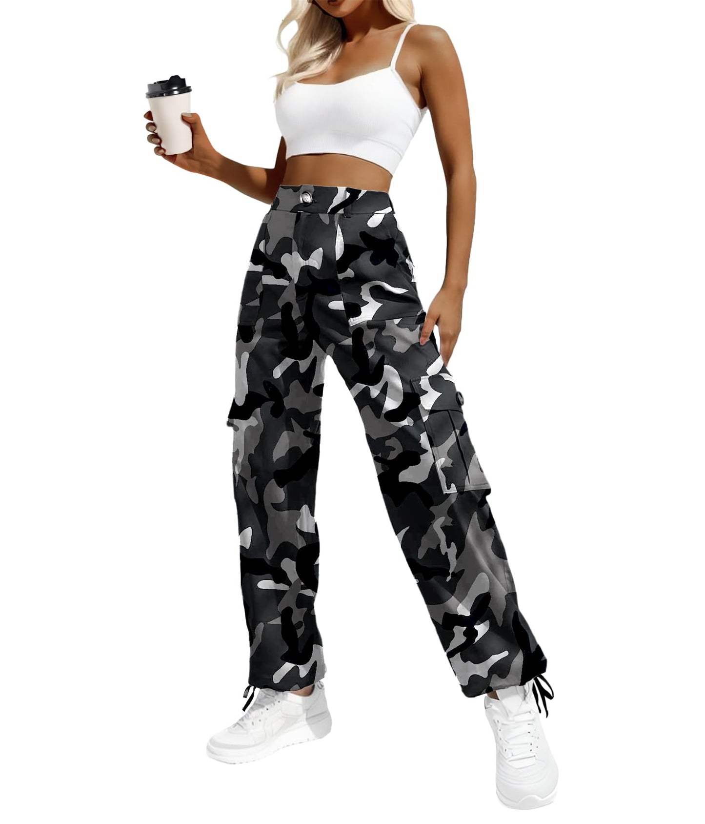 Women's High-Waisted Cargo Pants – Y2K Streetwear Baggy with 6 Pockets & Drawstring Cuffs